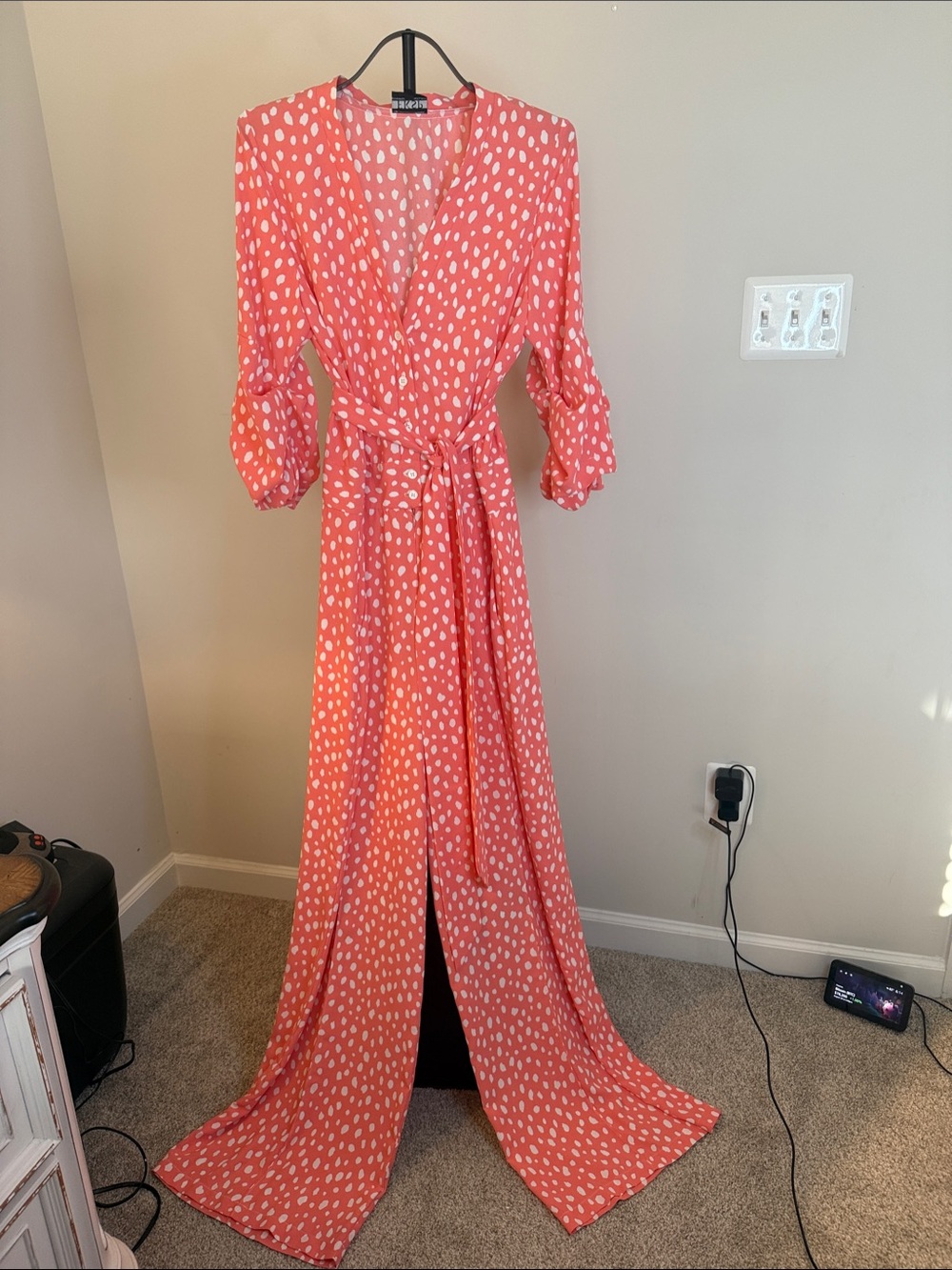 Coral Pink Polka Dot Jumpsuit with Tie Waist